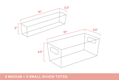 Dimensions of two rectangular totes with text indicating included items. [Deluxe]