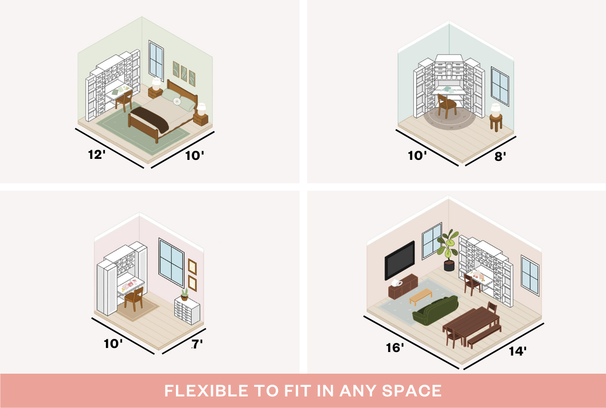 Isometric room layouts with dimensions and furniture, indicating flexibility in space.