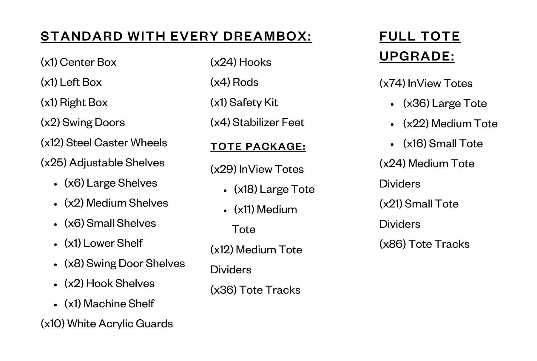 Comparison chart of standard and full tote upgrade components for a storage system.