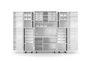 White storage system with shelves and drawers on a white background.